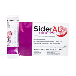 SiderAL Folic 27mg is a nutritional supplement in practical orosoluble sachets, based on Sucrosomial Iron, vitamins (C, B12, B6 and D) and Quatrefolic acid, the active form of folic acid.